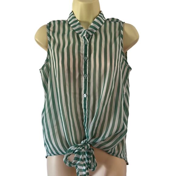 Passport Green & White Striped Chiffon Blouse Sheer Size Large Summer - Picture 1 of 10